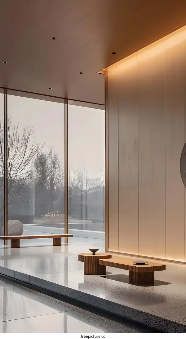 Minimalist Interior Design With Wooden Furniture and Large Windows