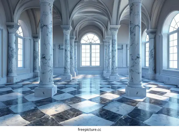 Grand Hallway with Marble Columns and Checkered Floor
