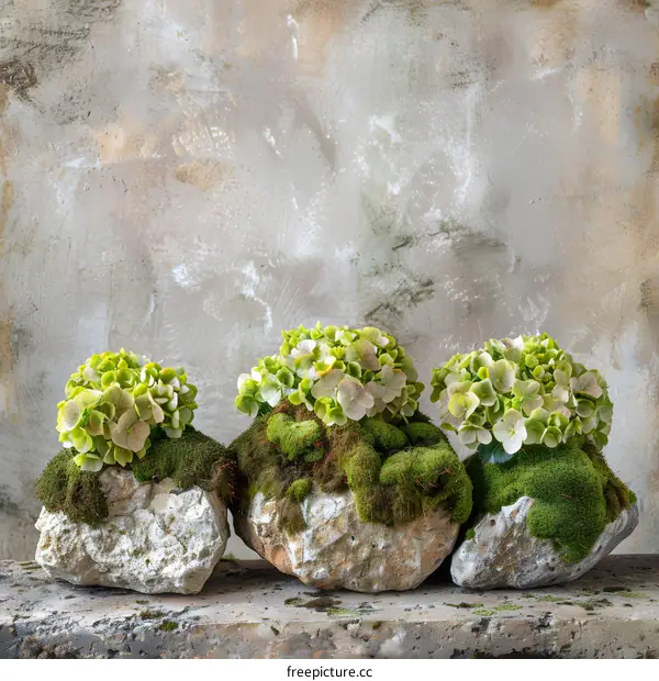 Three Green Hydrangeas In Stone Pots With Moss