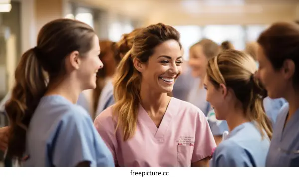 A group of female nurses are talking and smiling in a hospital hallway
