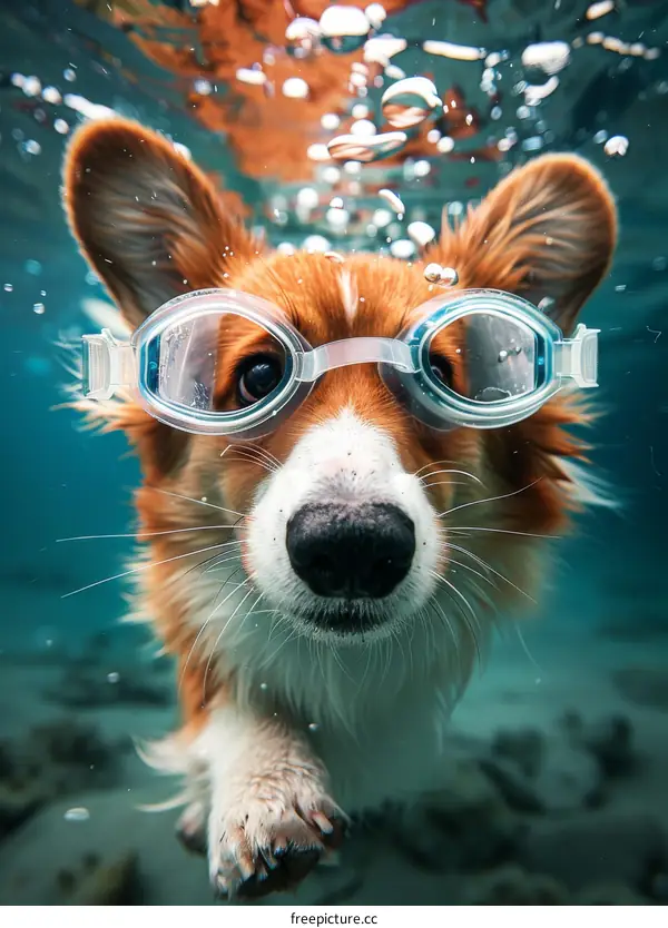 A cute dog wearing swimming goggles swims underwater