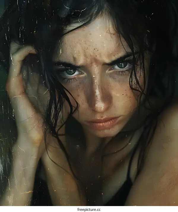 A close-up portrait of a young woman with wet hair and freckles, staring at the camera with an intense expression.