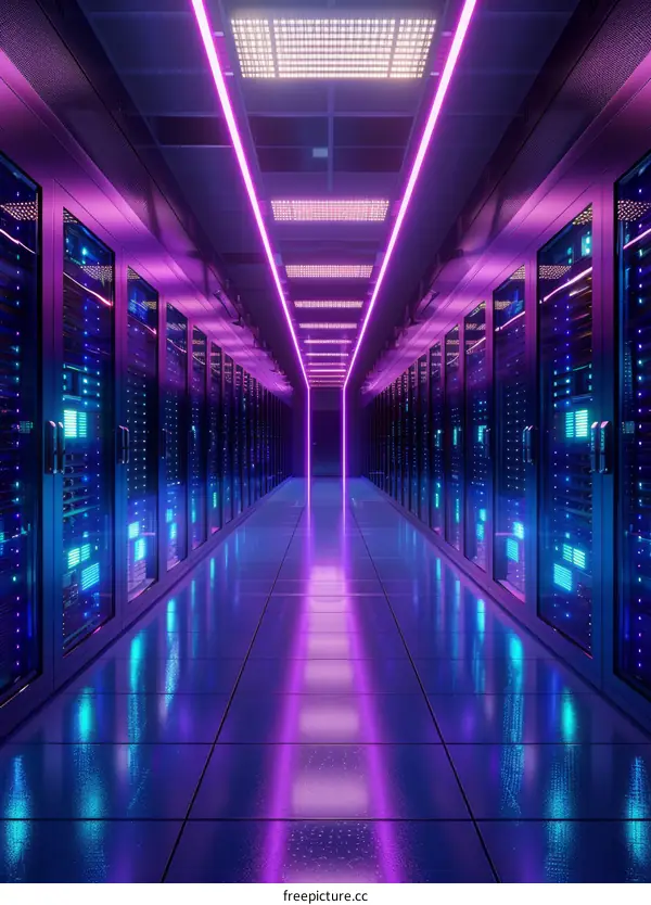 Server room with purple and blue neon lights