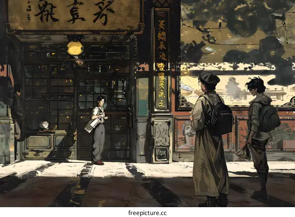 Three People Standing In Front Of An Asian Shop