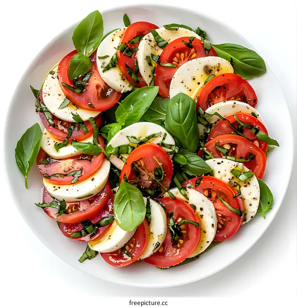 Fresh and tasty tomato salad with basil and mozzarella cheese