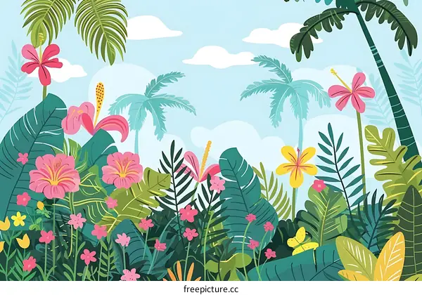 Tropical Rainforest Illustration With Lush Greenery And Colorful Flowers