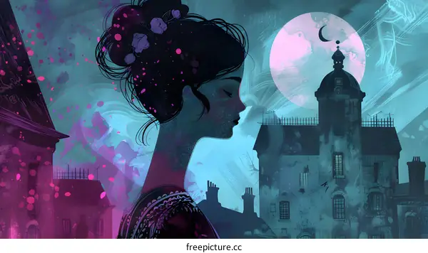 Woman in Silhouette with  Moon and Building in Background