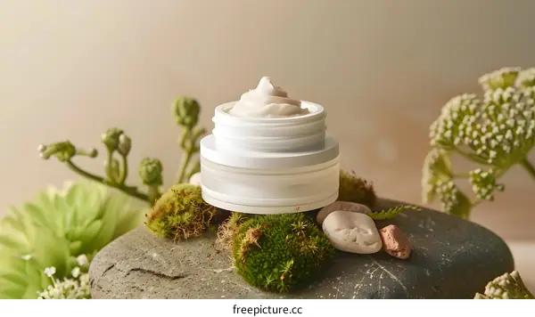 Natural Skincare Cream Jar With Green Moss And Stones