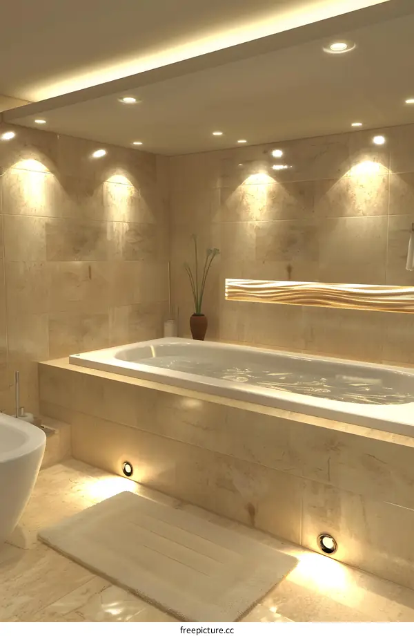 Modern Bathroom Interior Design with Bathtub and Recessed Lighting