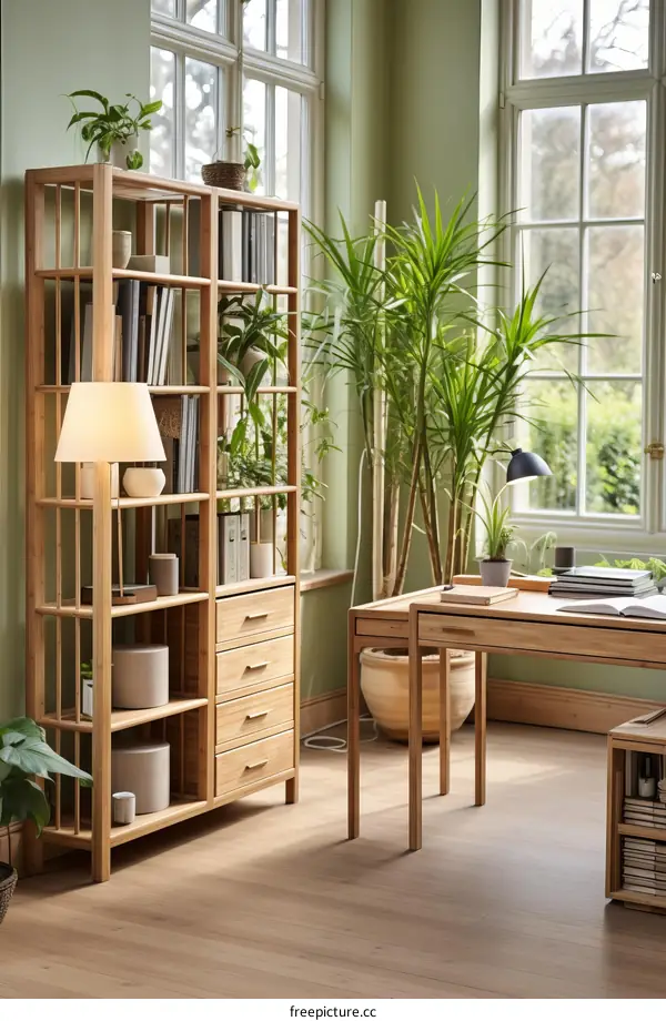 A wooden desk and shelf in a home office