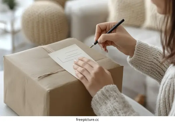 Woman Writing a Note on a Gift Box