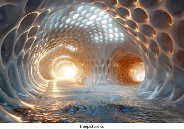 Surreal Glowing Cave with Water and Light