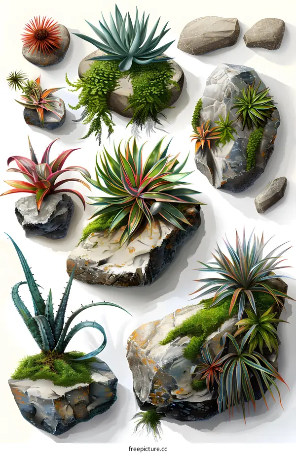 A variety of succulents and cacti on rocks with moss