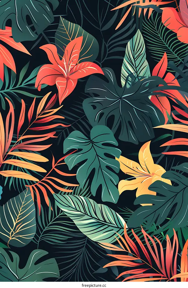Tropical Leaves Pattern Seamless Dark Background