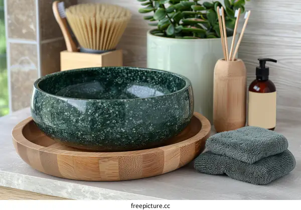 Green Marble Vessel Bathroom Sink with Bamboo Tray and Accessories