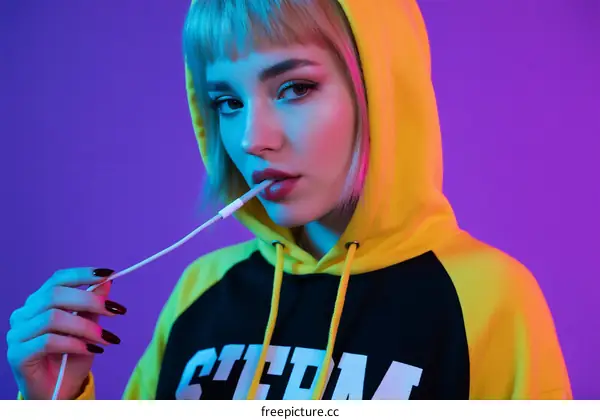 Portrait of young woman with pastel hair in yellow hoodie holding earphone