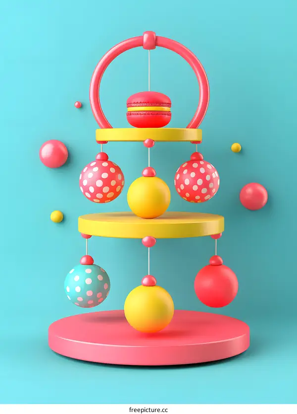 Abstract 3D Macaron with Yellow and Pink Balls on Blue Background