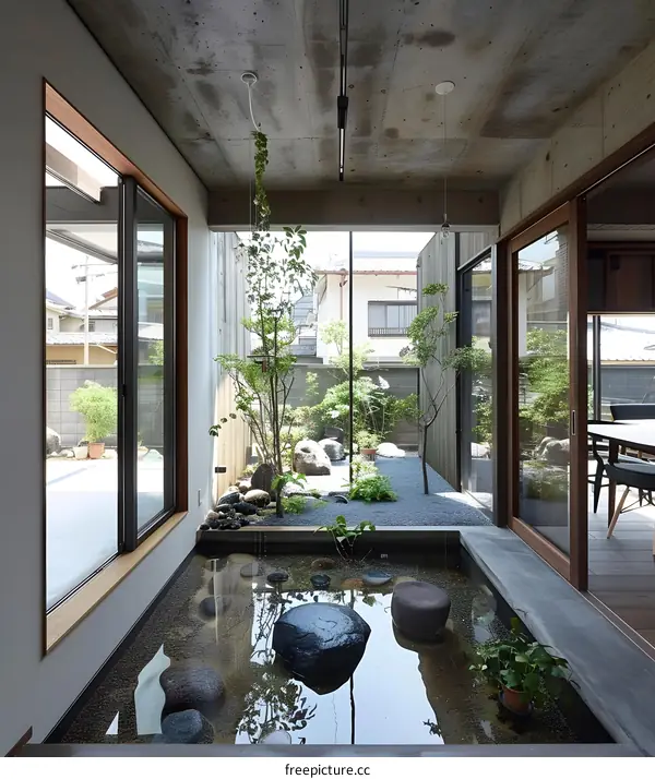 Modern Minimalist Home Design with Indoor Courtyard and Water Feature