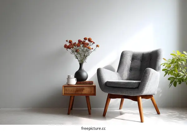 Modern Grey Armchair with Wooden Side Table and Dried Flowers