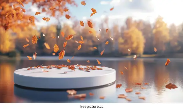 Autumn Leaves Falling on a White Pedestal by the Lake