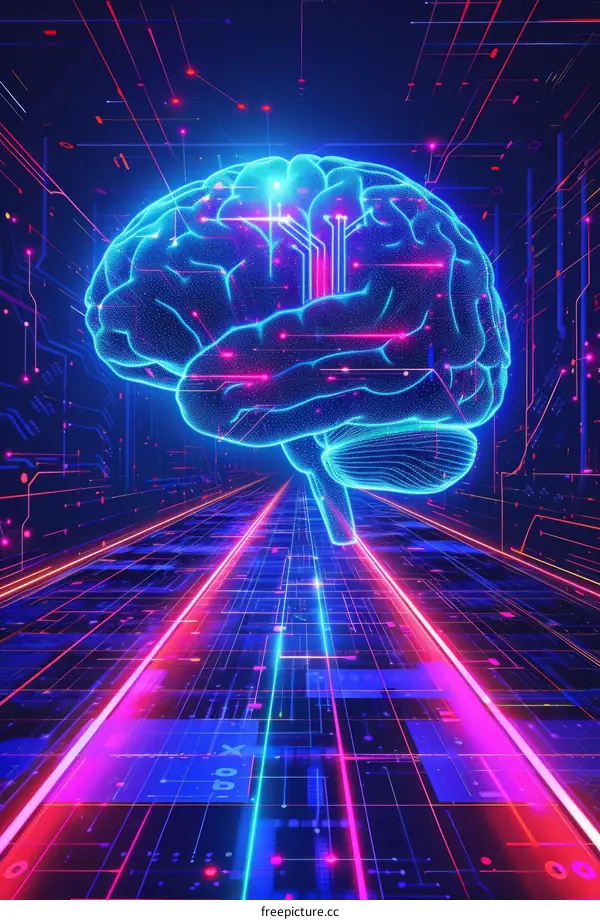 A digital illustration of a brain with a circuit board pattern on a futuristic blue and purple background.