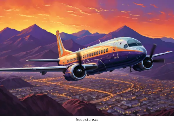 A retro airplane is flying over a city at sunset