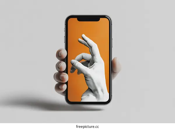 Hand Holding Smartphone with Statue Art on Screen