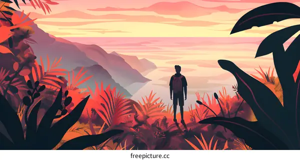 Silhouette Man Standing On Hilltop Overlooking Ocean Sunset