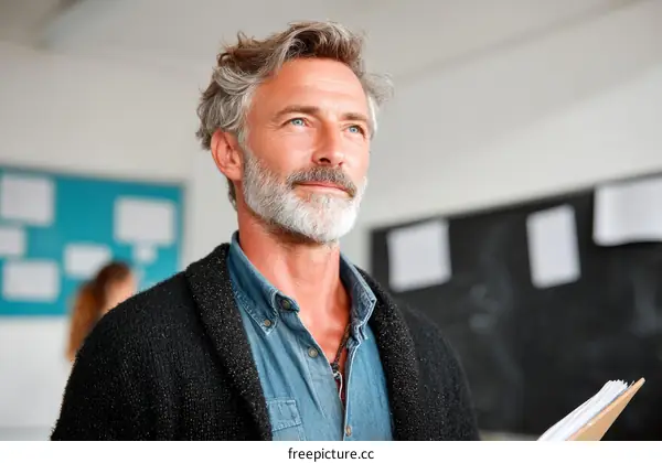 Thoughtful Caucasian Male Teacher in Classroom