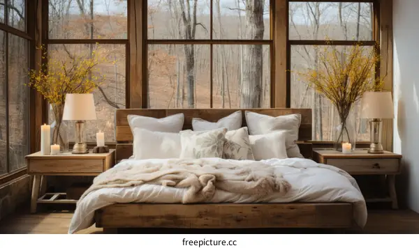 A cozy bedroom with a view of the forest