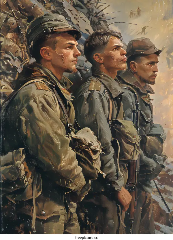 Three Soldiers Standing on a Mountaintop During a War
