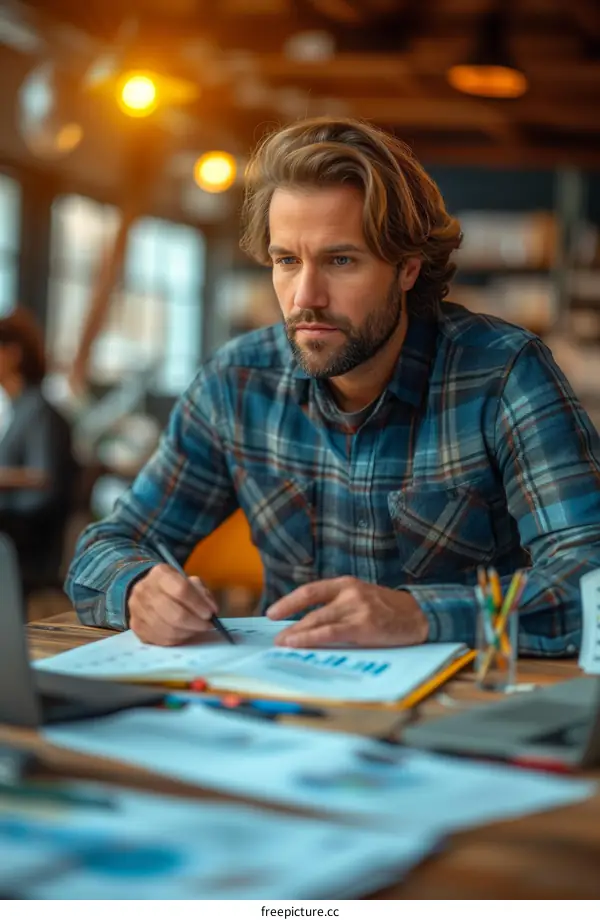 Focused young man working on a project