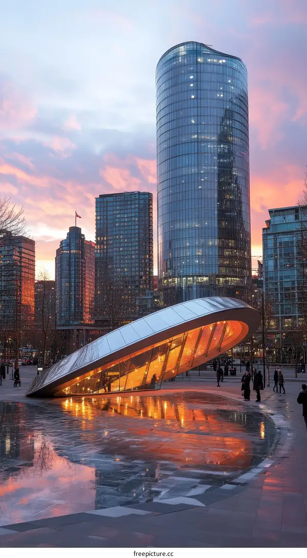 Modern Architectural Structure at Sunset with Cityscape