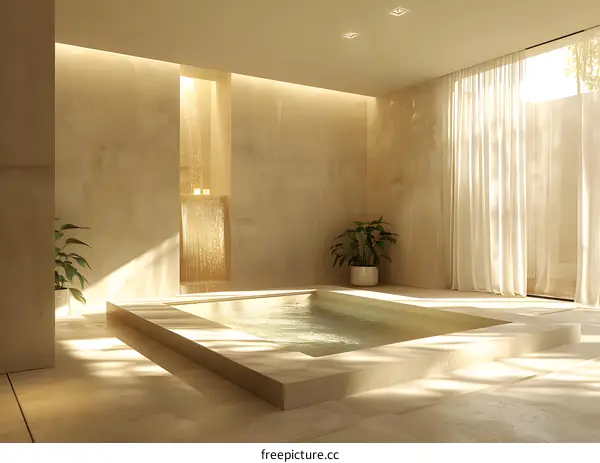 Indoor spa room with pool and waterfall