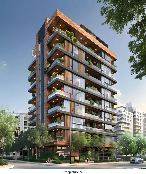 The facade of a modern apartment building with lots of greenery