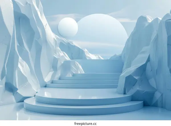 Blue Podium with Floating Spheres in a Mountain Landscape