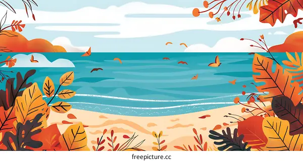 Autumn Leaves Bordering a Blue Sea