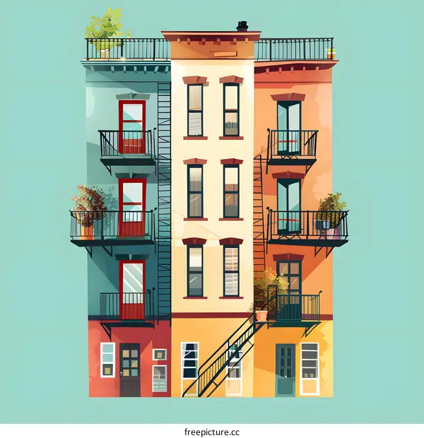 Colorful Townhouses Illustration with Balconies and Fire Escapes