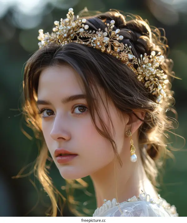portrait of a beautiful young woman wearing a golden crown and pearl earrings