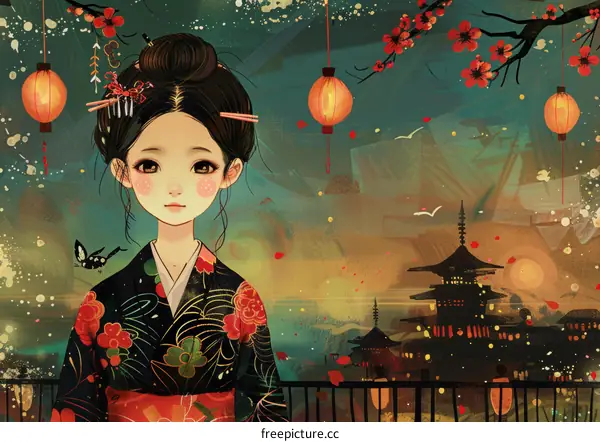 A beautiful Japanese girl in a kimono standing in front of a traditional Japanese house.