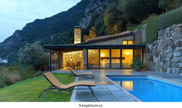 Mountain Villa with Pool at Dusk