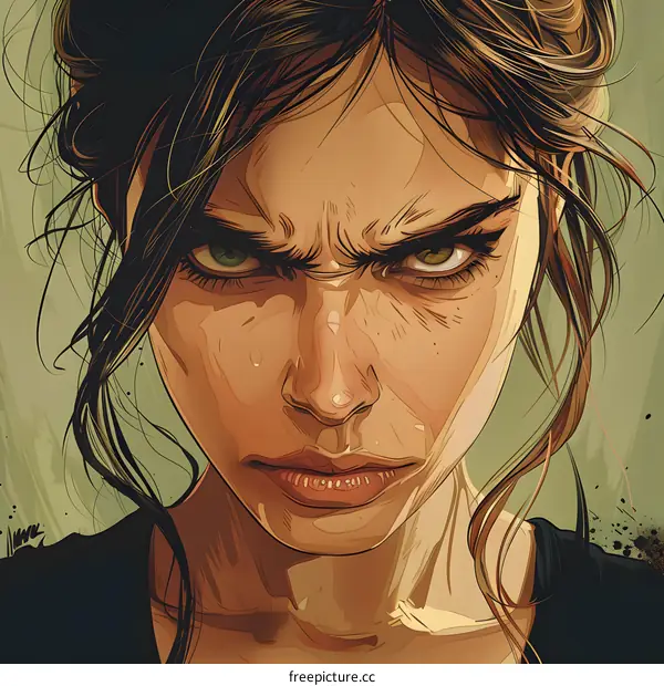 Angry Woman with Green Eyes Portrait Illustration