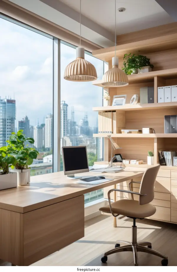 Modern Office with Desk, Computer, Chair, and Plants