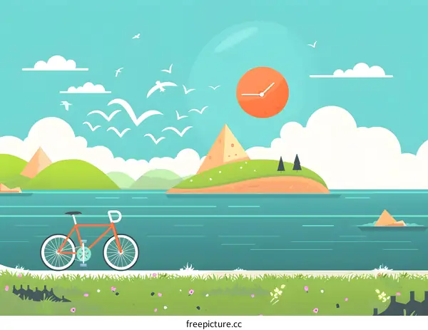 Summertime Bicycle Trip Landscape Illustration