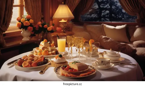 Elegant indoor dining table set with a variety of food and drinks