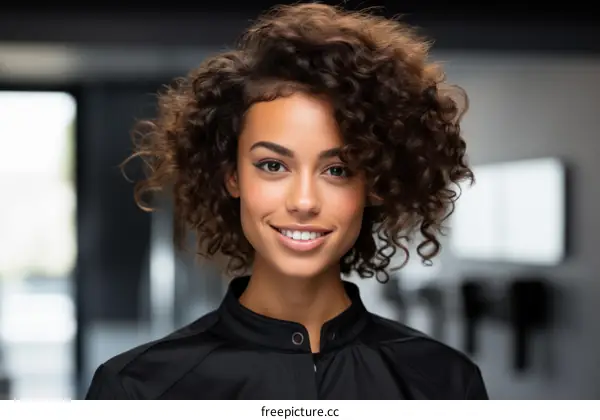 Portrait of a beautiful young woman with curly hair smiling