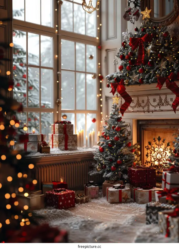 Christmas Tree by Fireplace with Gifts and Lights