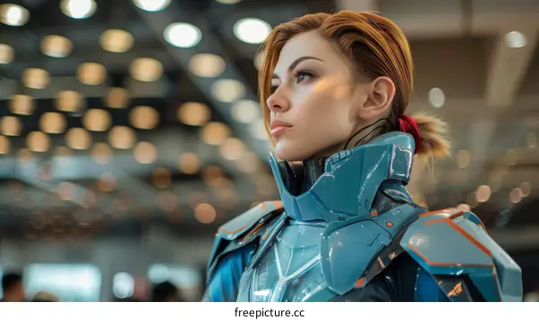 Portrait of a young woman in futuristic armor