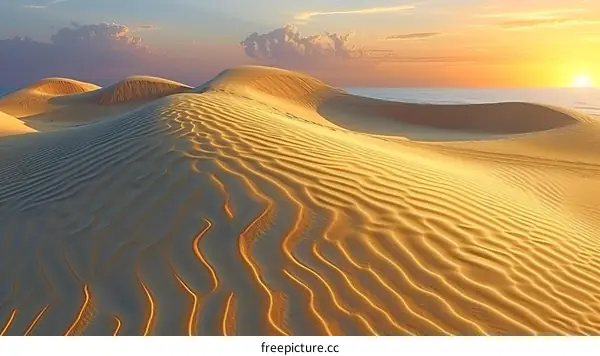 A vast expanse of sand dunes in the desert at sunset