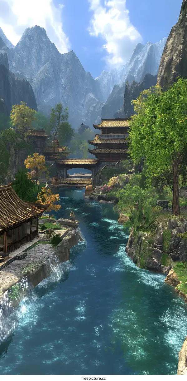 Chinese Style Mountain Landscape With Pagoda